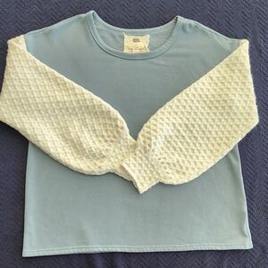 Cupio Light Blue Top with Cream Textured Sleeves